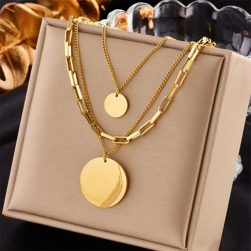 Gold Layered Disc Pendant Necklace Set Women Statement Chain Choker Jewelry Gift