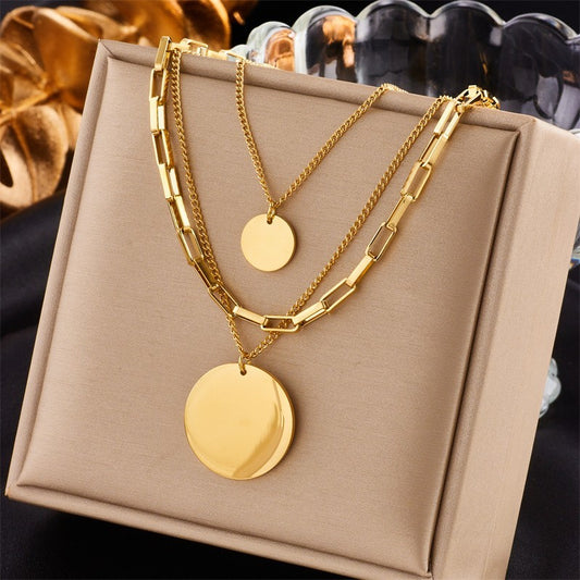 Gold Layered Disc Pendant Necklace Set Women Statement Chain Choker Jewelry Gift