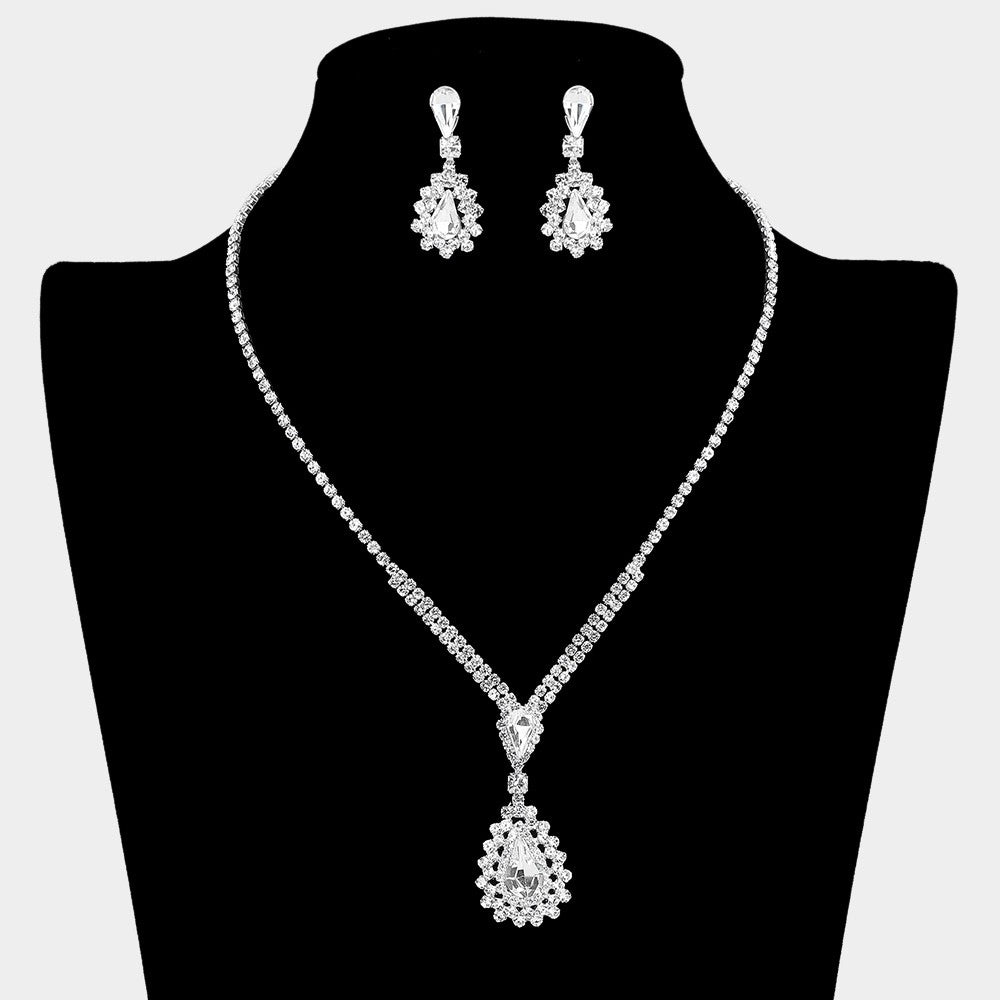 2pc Silver Teardrop Crystal Bridal Necklace and Earrings Beauty Jewelry Set