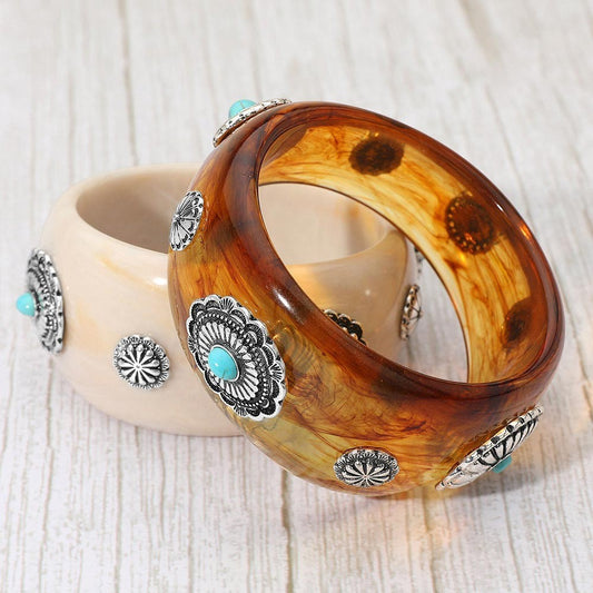 2pcs Resin Bangle Bracelets Amber Beige Faux Turquoise Silver Floral Southwester