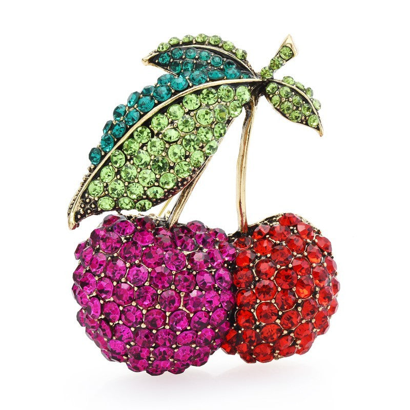 Large Crystal Cherry Fruit Brooch Pin Red Pink Green Rhinestone Jewelry 2.6in