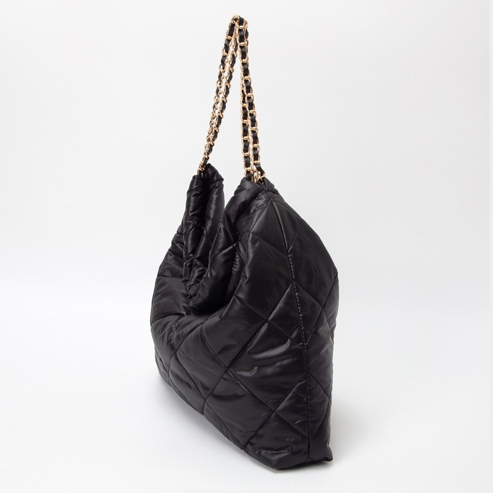 Quilted Black Puffer Tote Bag Oversized Shoulder Handbag with Chain Strap