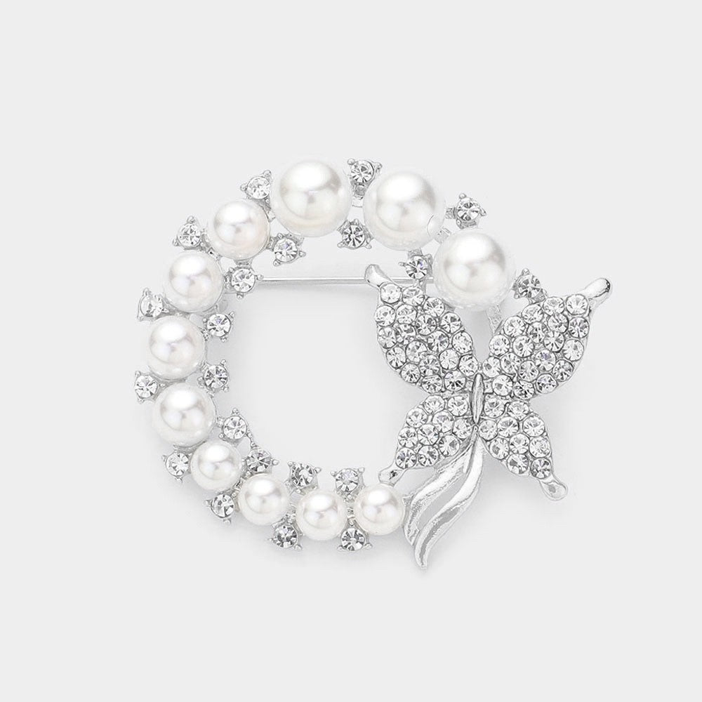 Silver Tone Butterfly Faux Pearl Wreath Brooch Rhinestone Bridal Pin Jewelry