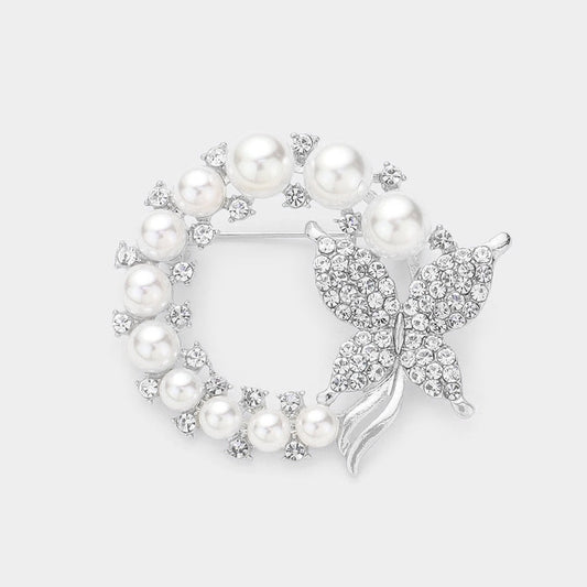 Silver Tone Butterfly Faux Pearl Wreath Brooch Rhinestone Bridal Pin Jewelry