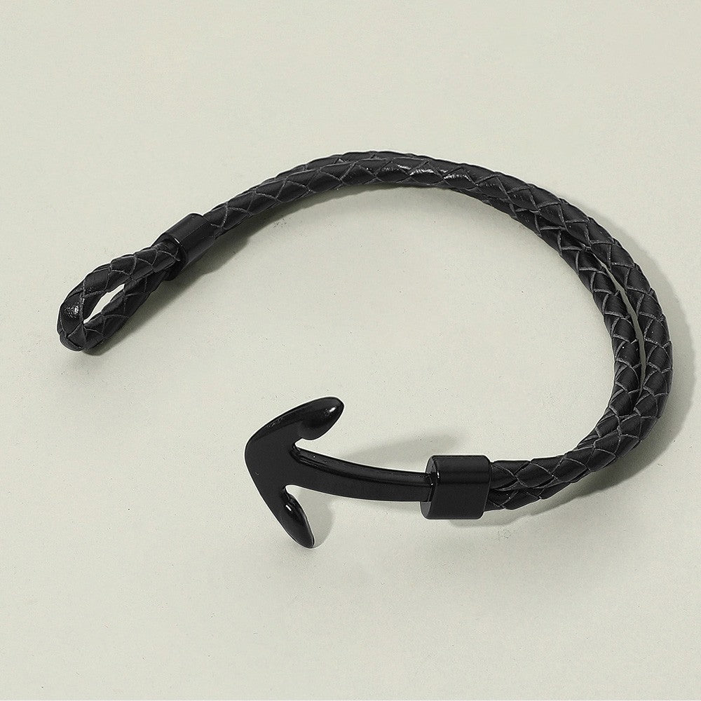 Mens Braided Leather Anchor Bracelet 2 Pack Black & Brown Nautical Set