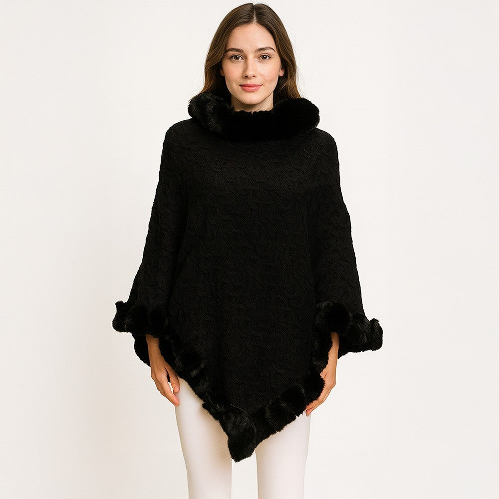 Textured Faux Fur Trim Cape Poncho Soft Warm Fashionable Outerwear for Women