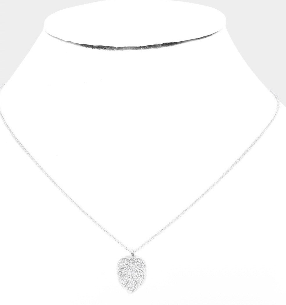 Silver Monstera Leaf Pendant Necklace - Tropical Pave Crystal Botanical Jewelry
