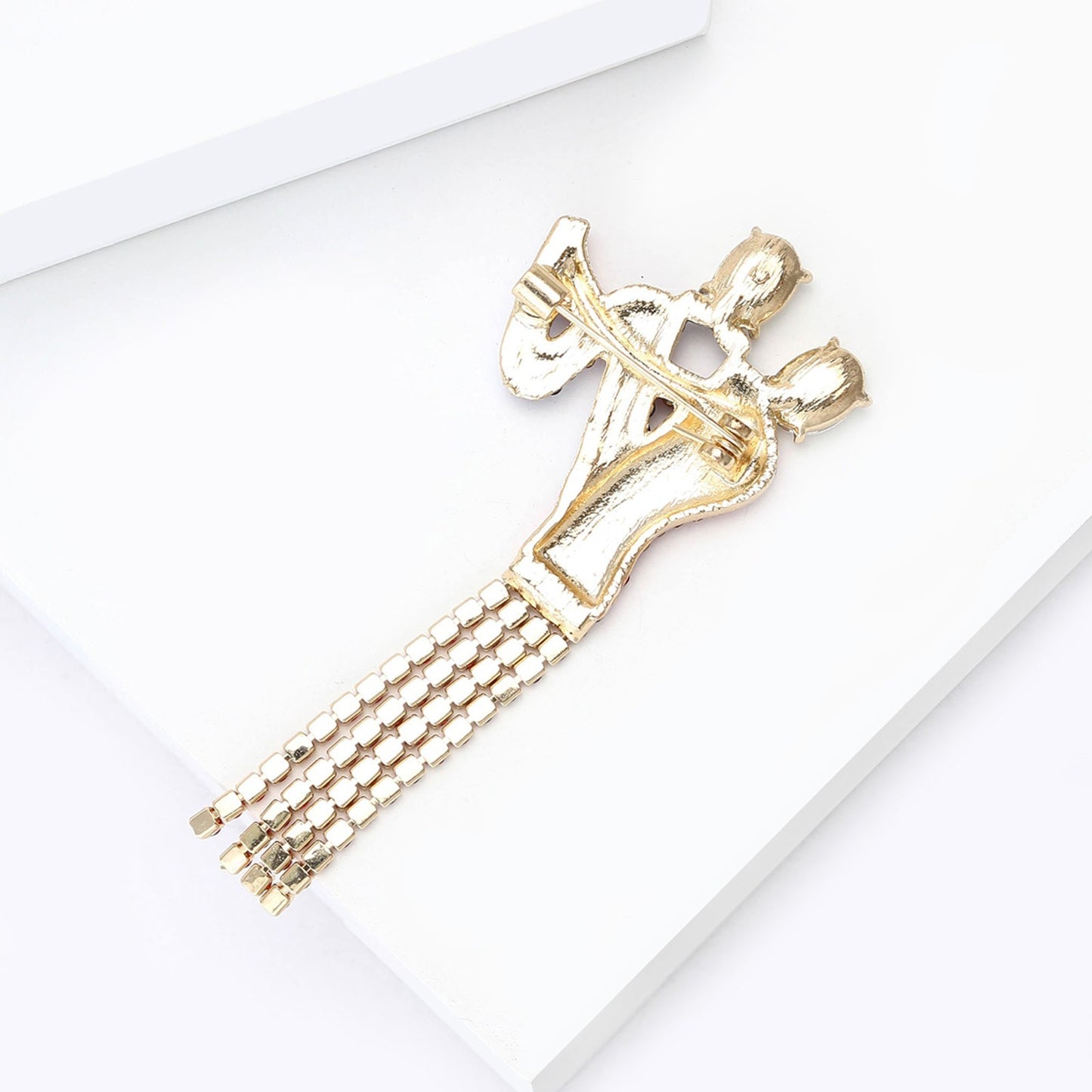 Ballroom Dancer Rhinestone Figural Brooch Pin Red Blue Crystal Tassel 2.48"