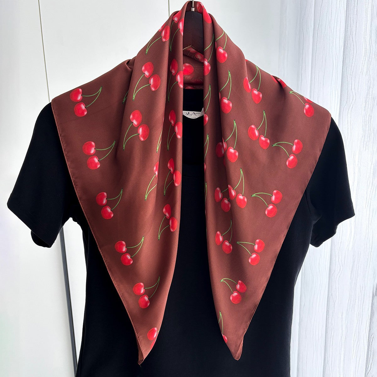 2pcs Women Cherry Print Square Scarf Silk Feel Hair Neck Head Wrap 27.5in