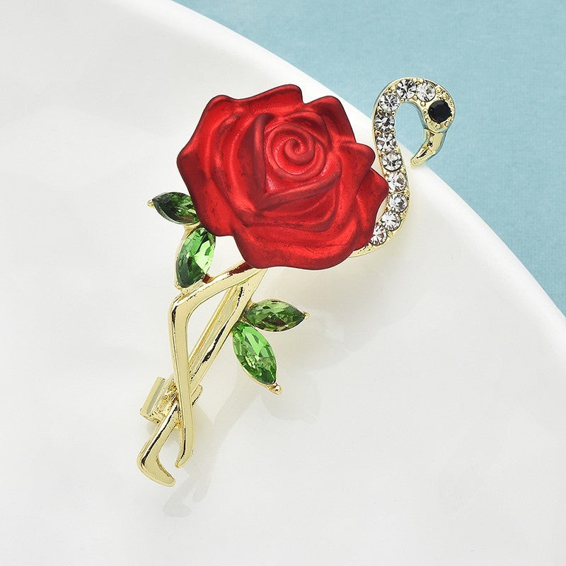 Rose Flamingo Brooch Crystal Enamel Pin Animal Flower Jewelry Gift