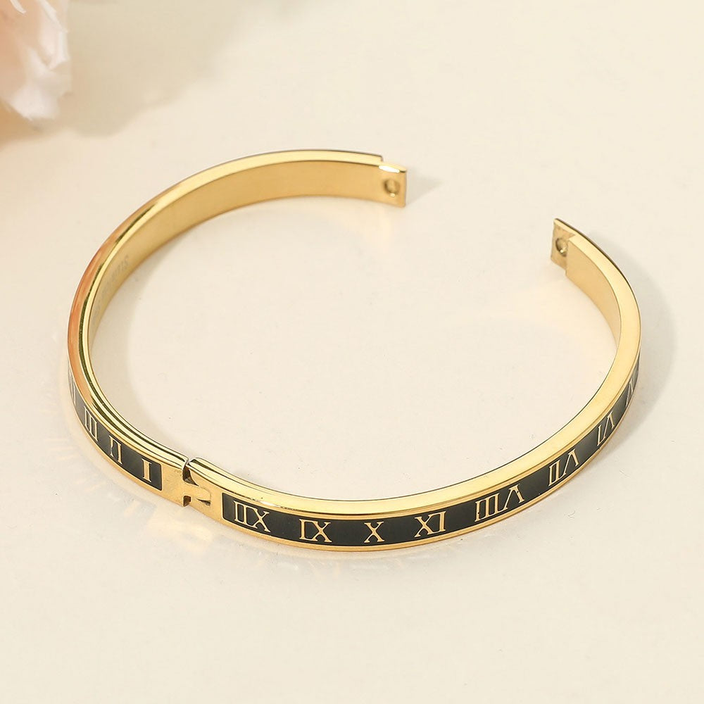 Gold Tone Stainless Black Enamel Inlay Roman Numeral Hinged Bangle Bracelet