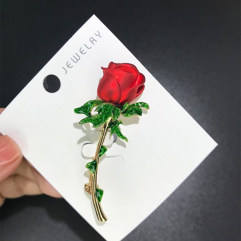 Red Rose Flower Brooch Pin Women Gold Tone Green Rhinestone Jewelry