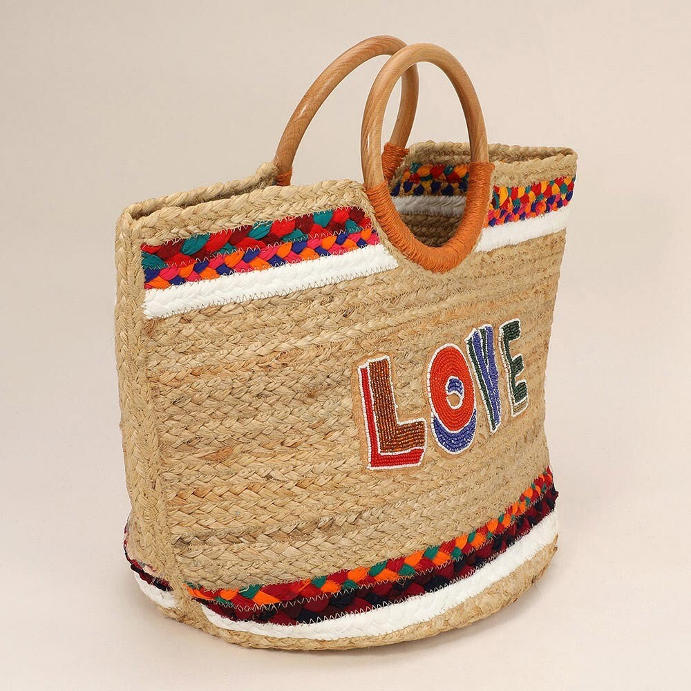 Handmade Seed Bead LOVE Jute Tote Bag with Wooden Handles | Boho Straw Purse