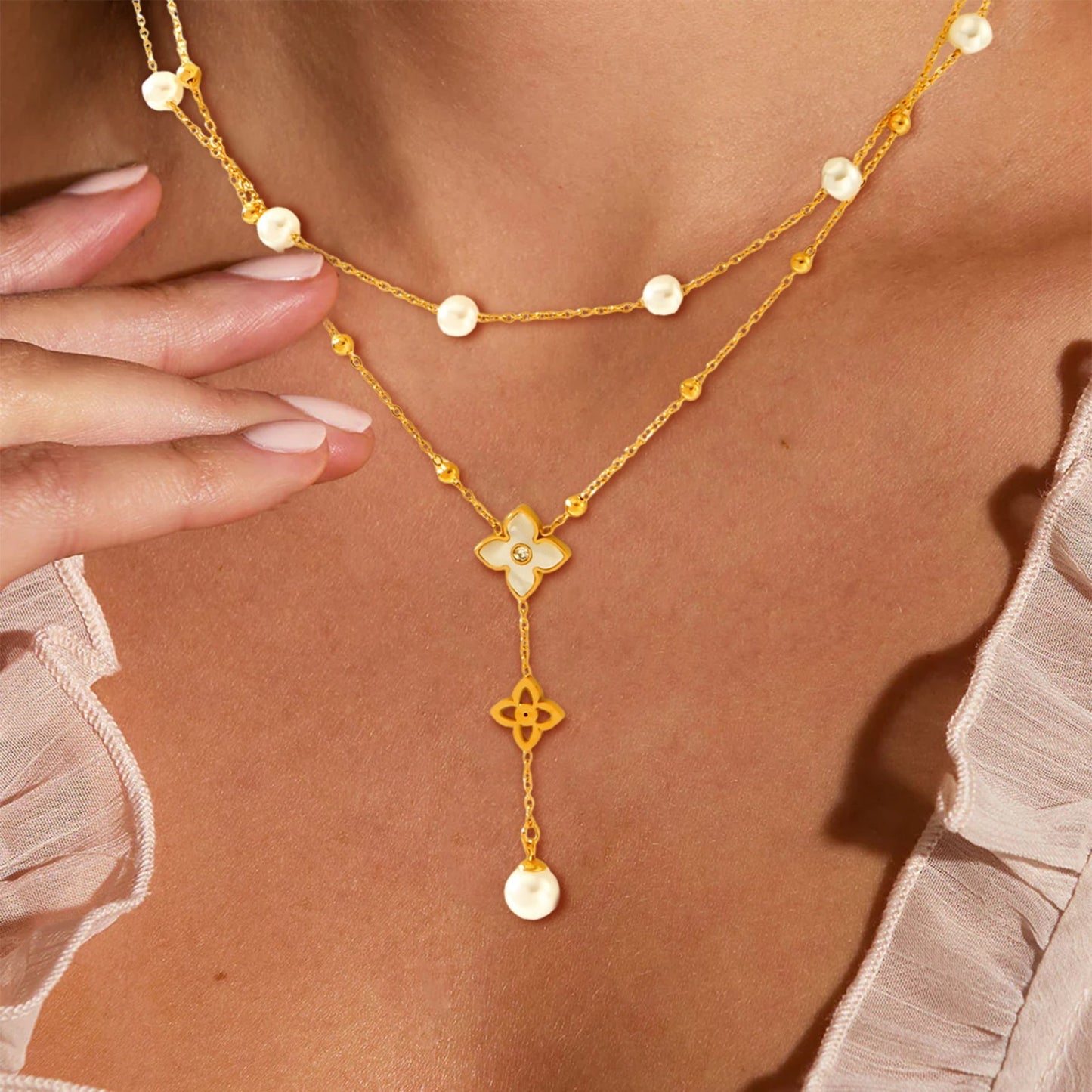 3pc Gold Layered Clover Pearl Dainty Necklace SET – Perfect Gift Pack!