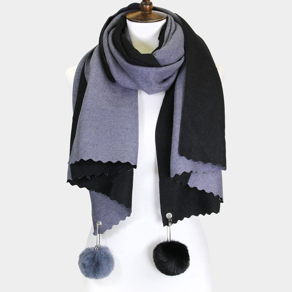 Cashmere Feel Reversible Pom Pom Scarf Women Winter Warm Soft Long Wrap for Lady