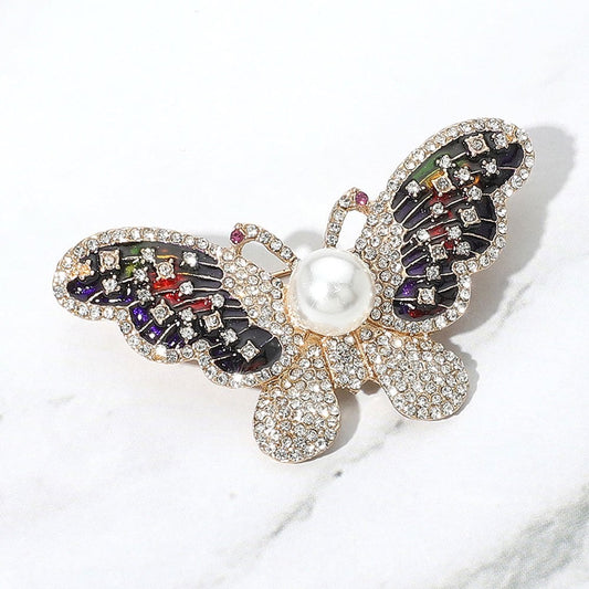 2pcs Crystal Butterfly Brooch Set Pearl Inlay Enamel Fashion Pins 2 Colors