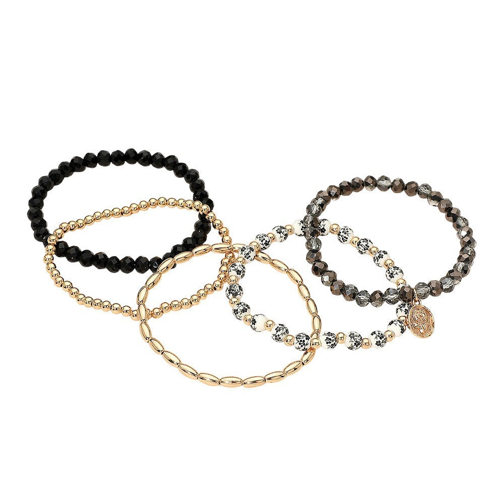 5pc Floral Embossed Oval Charm Beaded Stretch Bracelet Set Layered Boho Stack