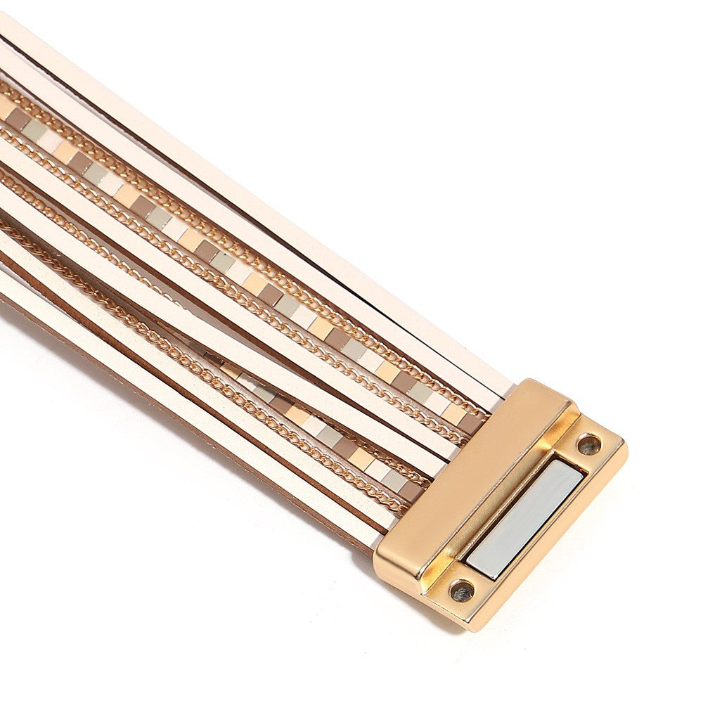 2PC Leopard Print & White Faux Fur Leather Cuff Bracelet Set w/ Magnetic Clasp