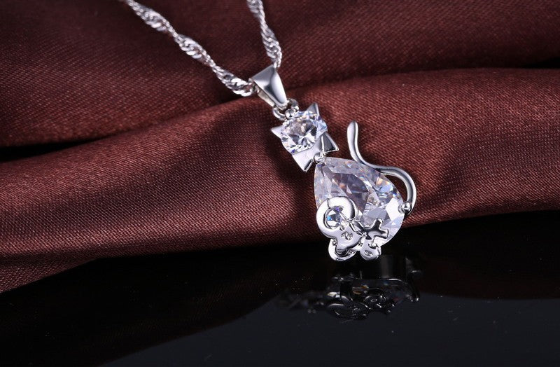Sterling Silver Cat Necklace Earrings Set Cubic Zirconia Dainty Jewelry Gift