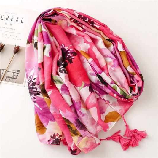 2pcs Floral Tassel Shawl Scarf Large Soft Spring Fashion Wrap Yellow Pink