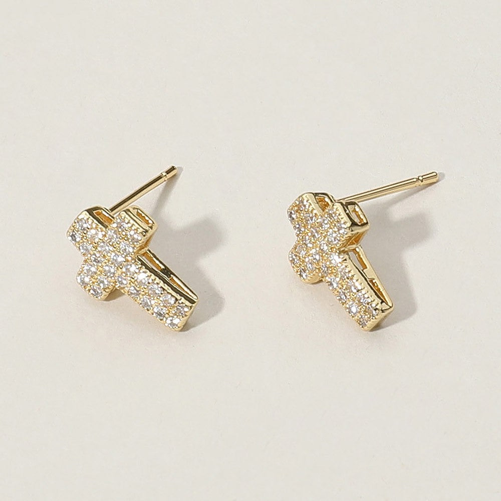 Dainty Gold Plated Pave Crystal Cross Stud Earrings for Women and Girls