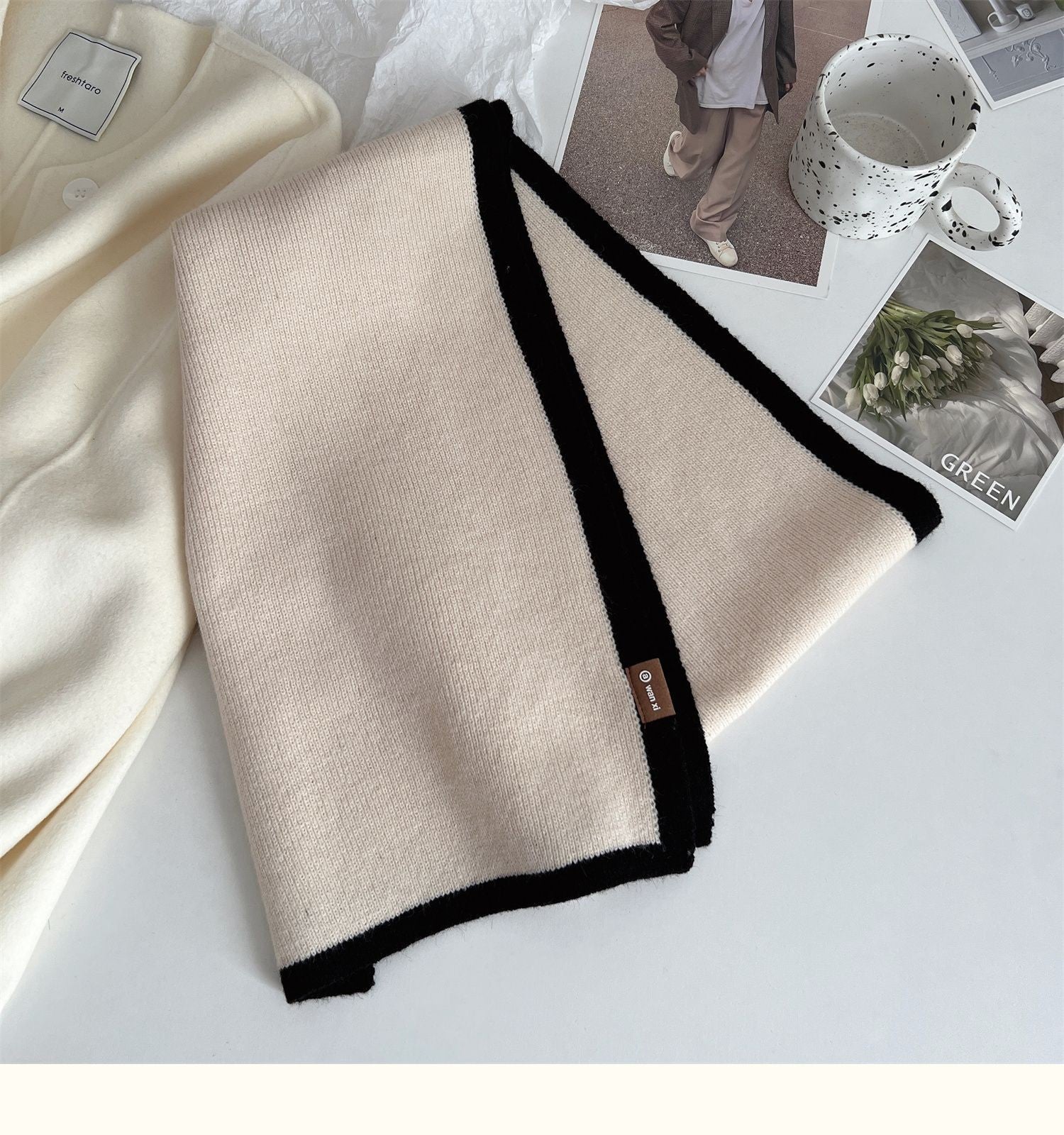 2-Pack! Reversible Chunky Knit Scarf Set  Black & Cream Wraps and Scarves Unisex