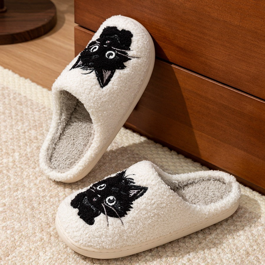 White Fuzzy Cat Slippers Indoor Shoes Black Cat Face Embroidery Soft Plush