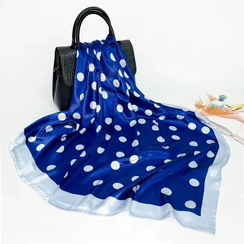 35 In Polka Dot Print Imitation  Silk Scarf for Women Fashion Head Scarves Blue
