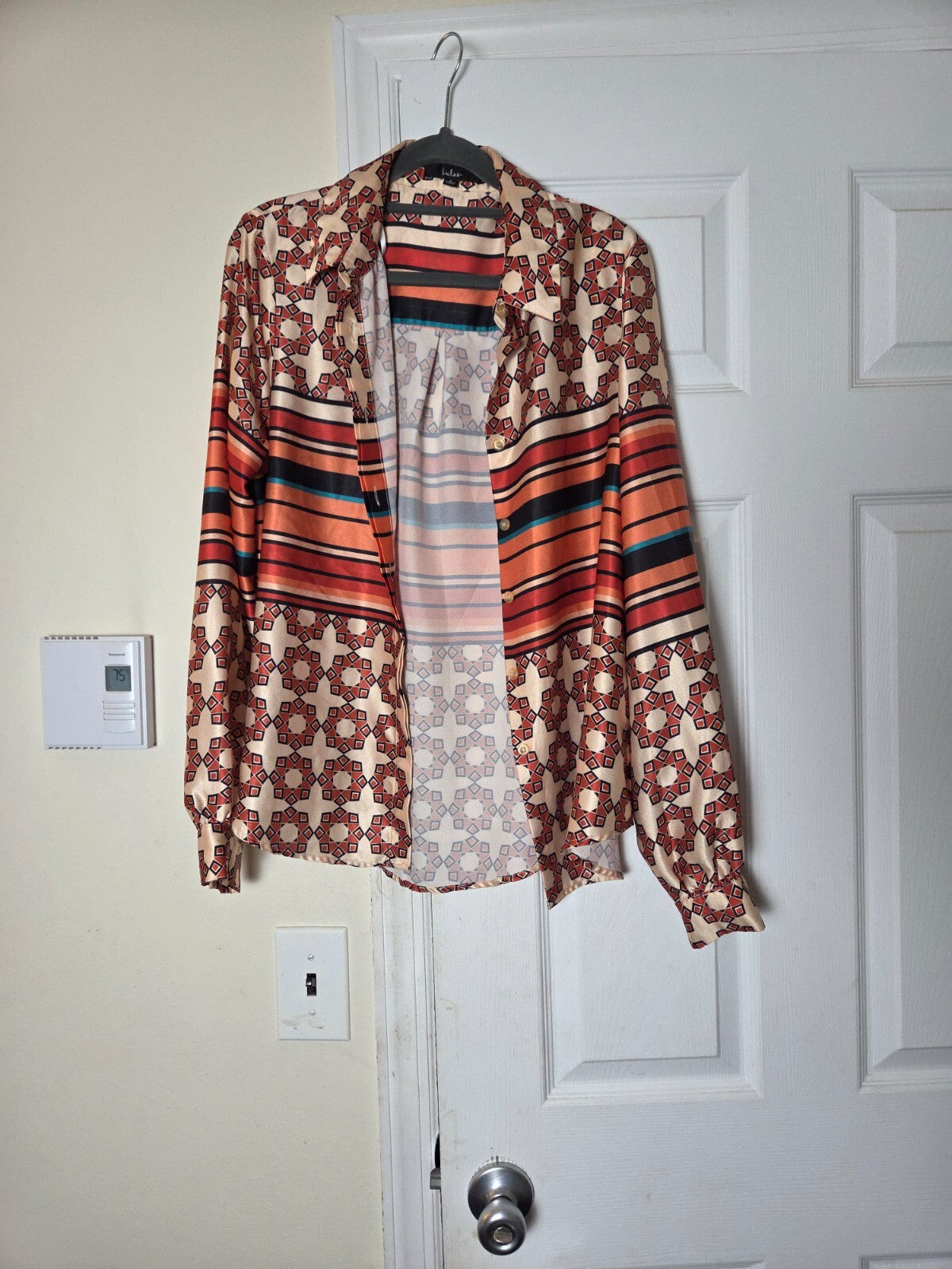 Getting in the Groove Ivory Striped Geo Print Button Up Top Small  for Women 