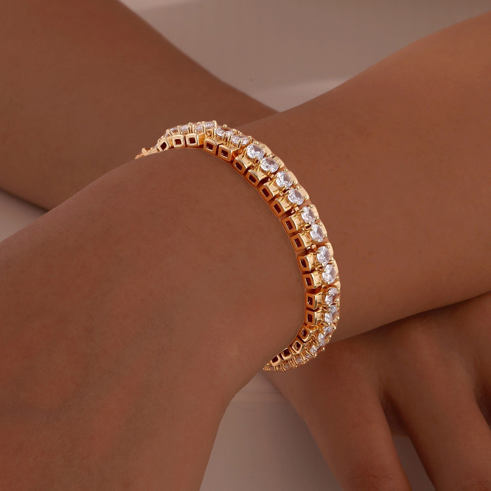 Gold Plated Rhinestone Tennis Bracelet Two Row CZ Crystal Bangle Women’s Fashion