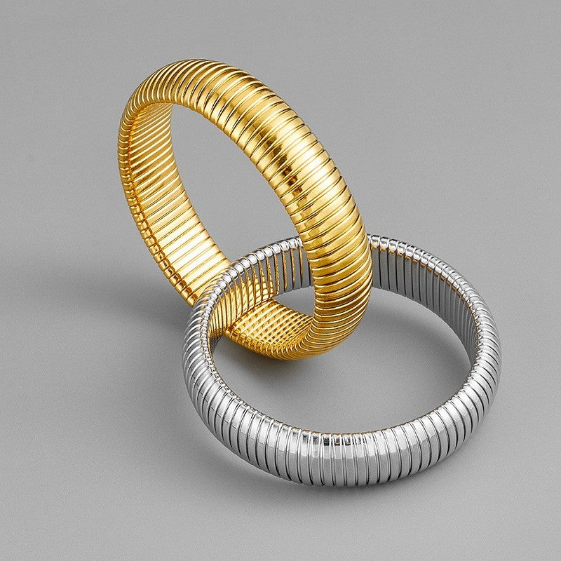 2 PC Tubogas Bracelets Set Gold & Silver Tone Ribbed Flexible Bangle
