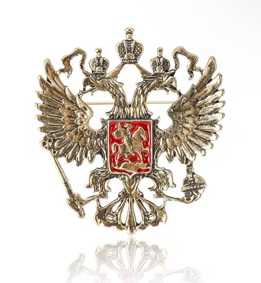 Russian Imperial Double Headed Eagle Brooch - Vintage Gold Coat of Arms Pin Badg