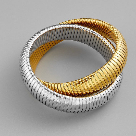 2 PC Tubogas Bracelets Set Gold & Silver Tone Ribbed Flexible Bangle