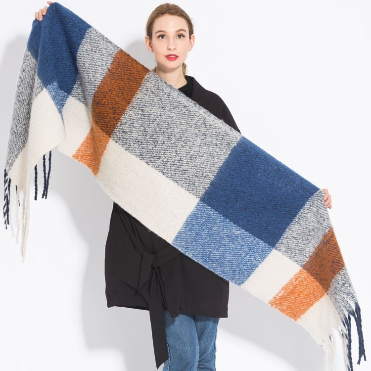 Warm Fuzzy Oversized Plaid Blanket Scarf Shawl Wrap Blue Orange Winter