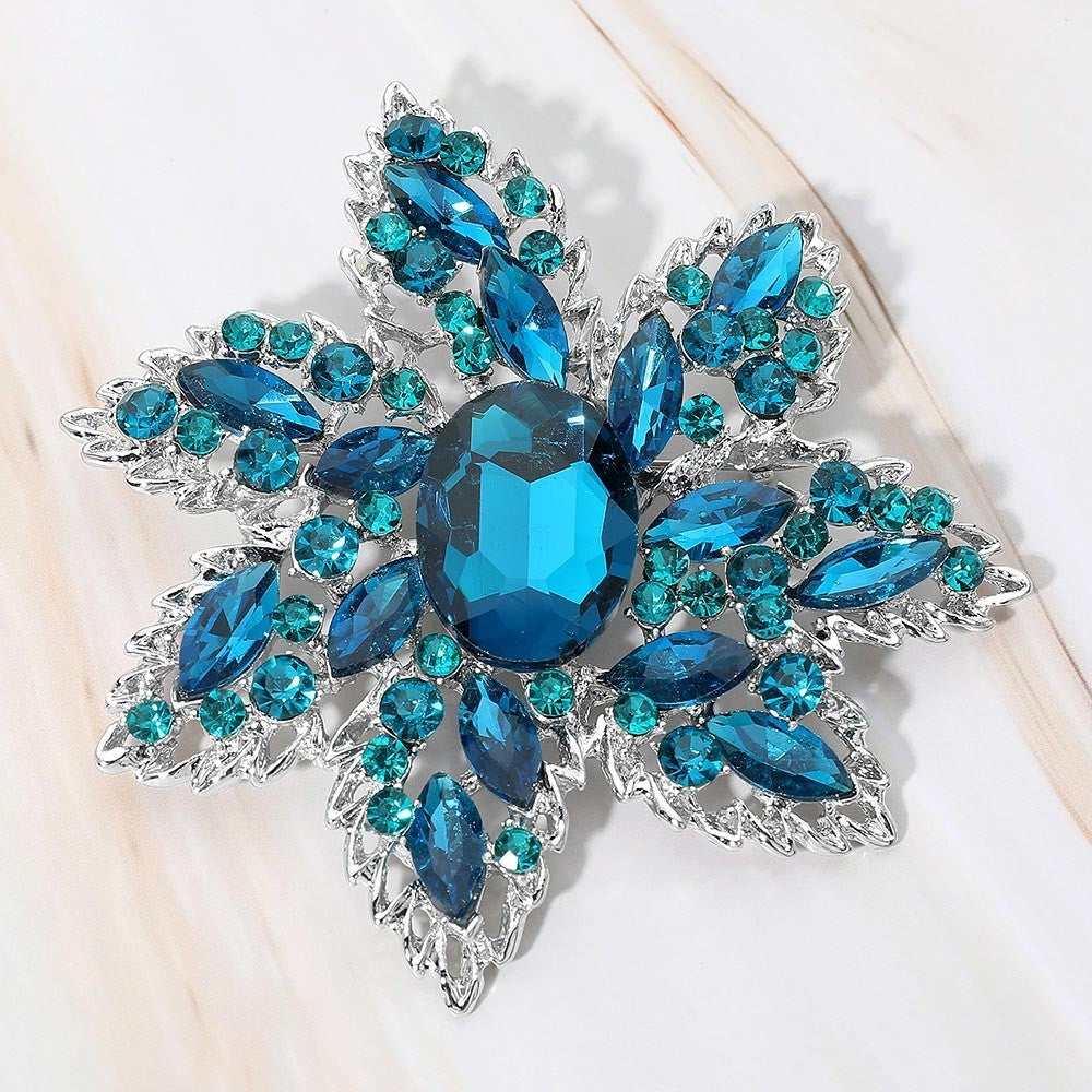 Radiant Teal & Sapphire Blue Crystal Starburst Statement Brooch