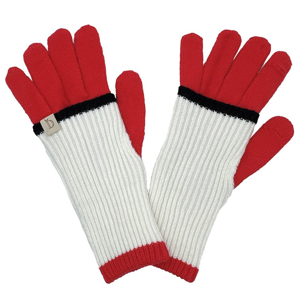 Ribbed Color Block Layered Knit Unisex Winter Gloves Touchscreen White & Red