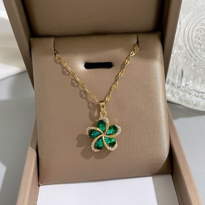 Gold Plated Floral Necklace with Green Crystal Stone and White Rhinestones
