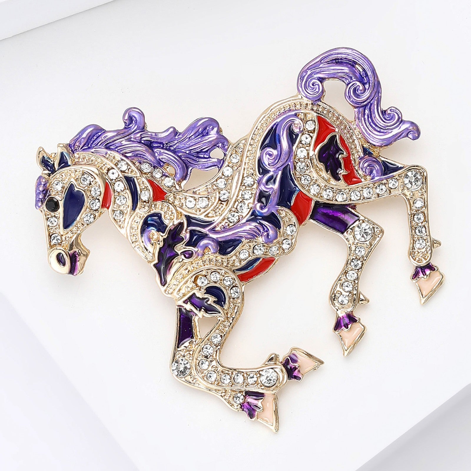 Crystal Enamel Horse Brooch Purple Gold Carousel Pony Lapel Pin Badge