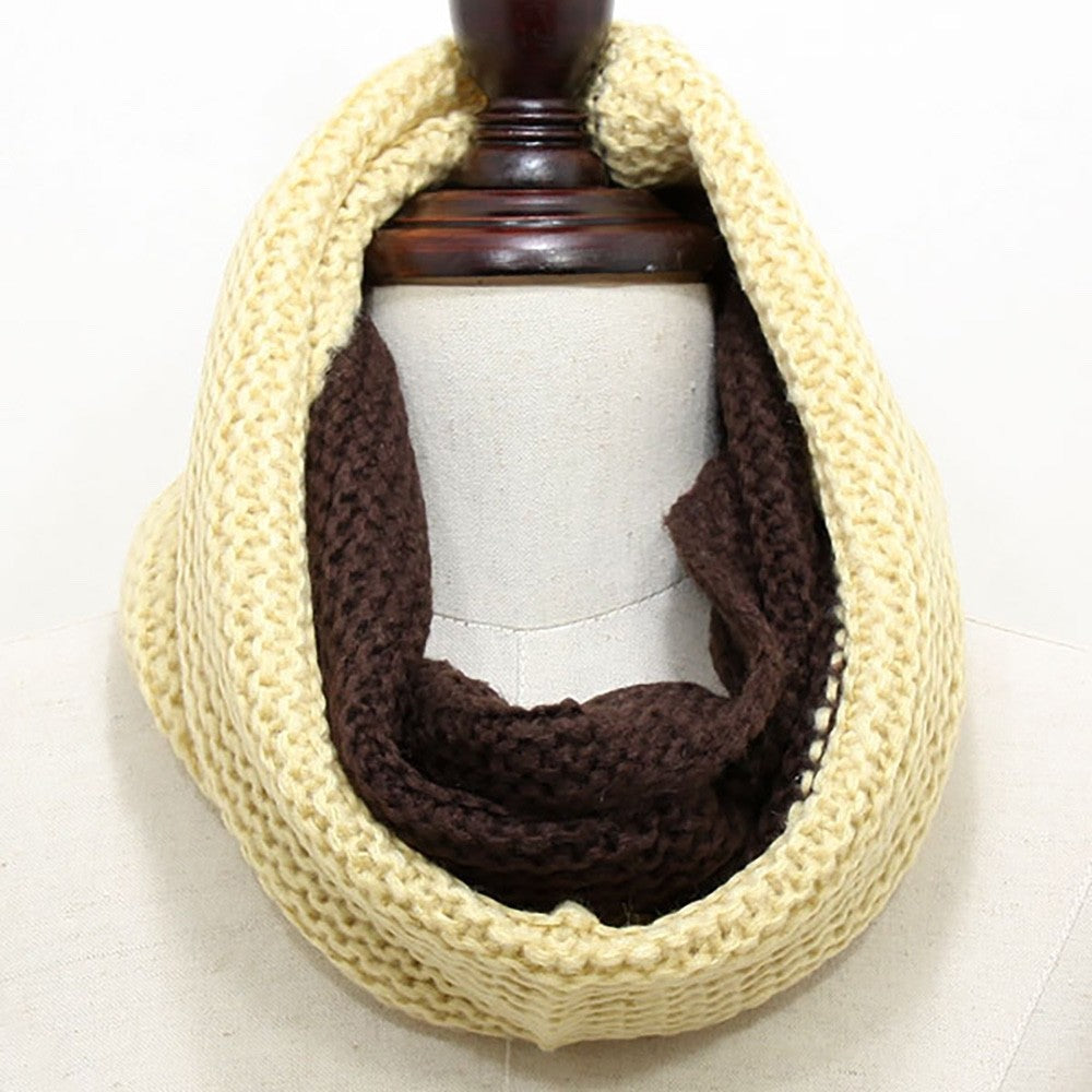 Two-Tone Cream and Brown Chunky Knit Warm Infinity Loop Cowl Winter Scarf 21"