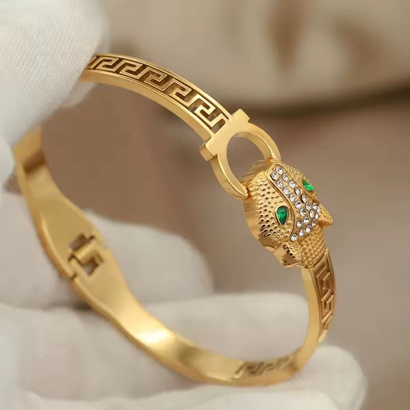 18K Gold Plated Panther Head Bangle with Green Eyes & Crystal Accents