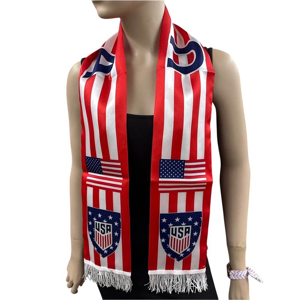 Patriotic USA Flag Soccer Fan Scarf with Tassels Red White Blue Shield Graphic