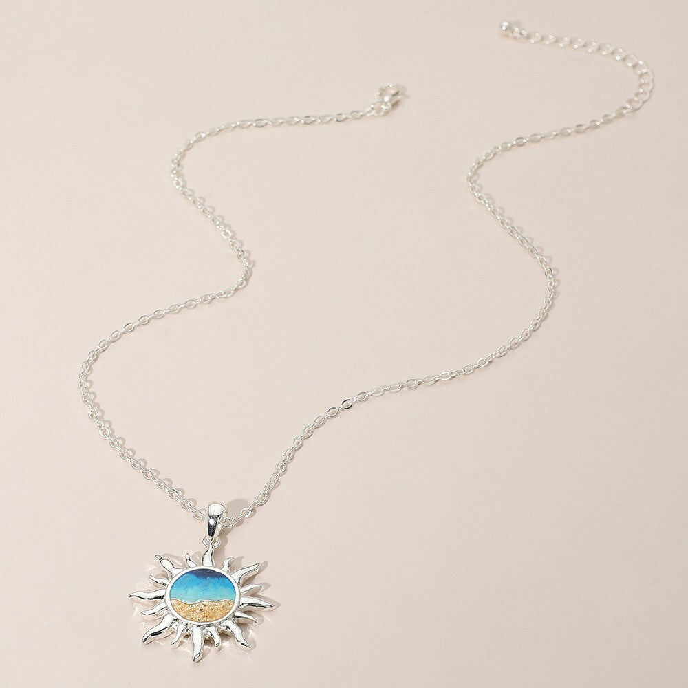 Enamel Burning Sun Pendant Necklace in Silver Tone for Women