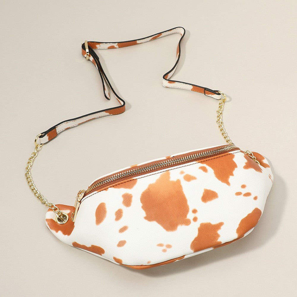 Cow Print Fanny Pack Crossbody Bag Brown White Adjustable Chain Strap