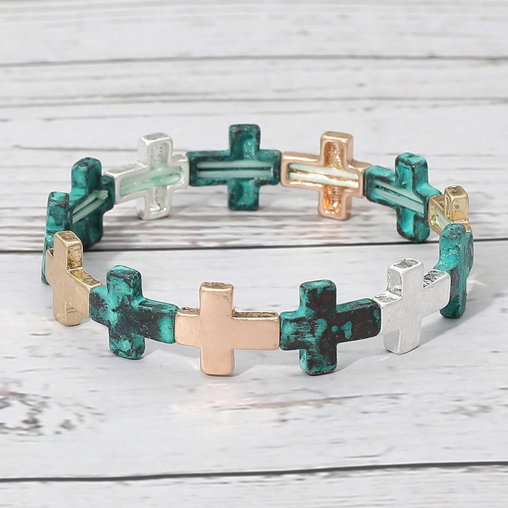 Multicolor Cross Stretch Bracelet Patina Silver Gold Religious Faith Jewelry
