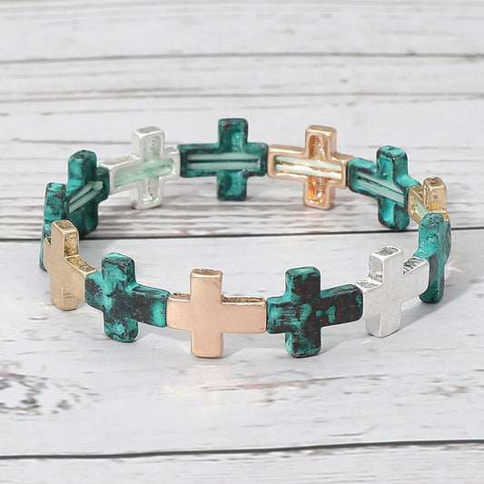 Multicolor Cross Stretch Bracelet Patina Silver Gold Religious Faith Jewelry