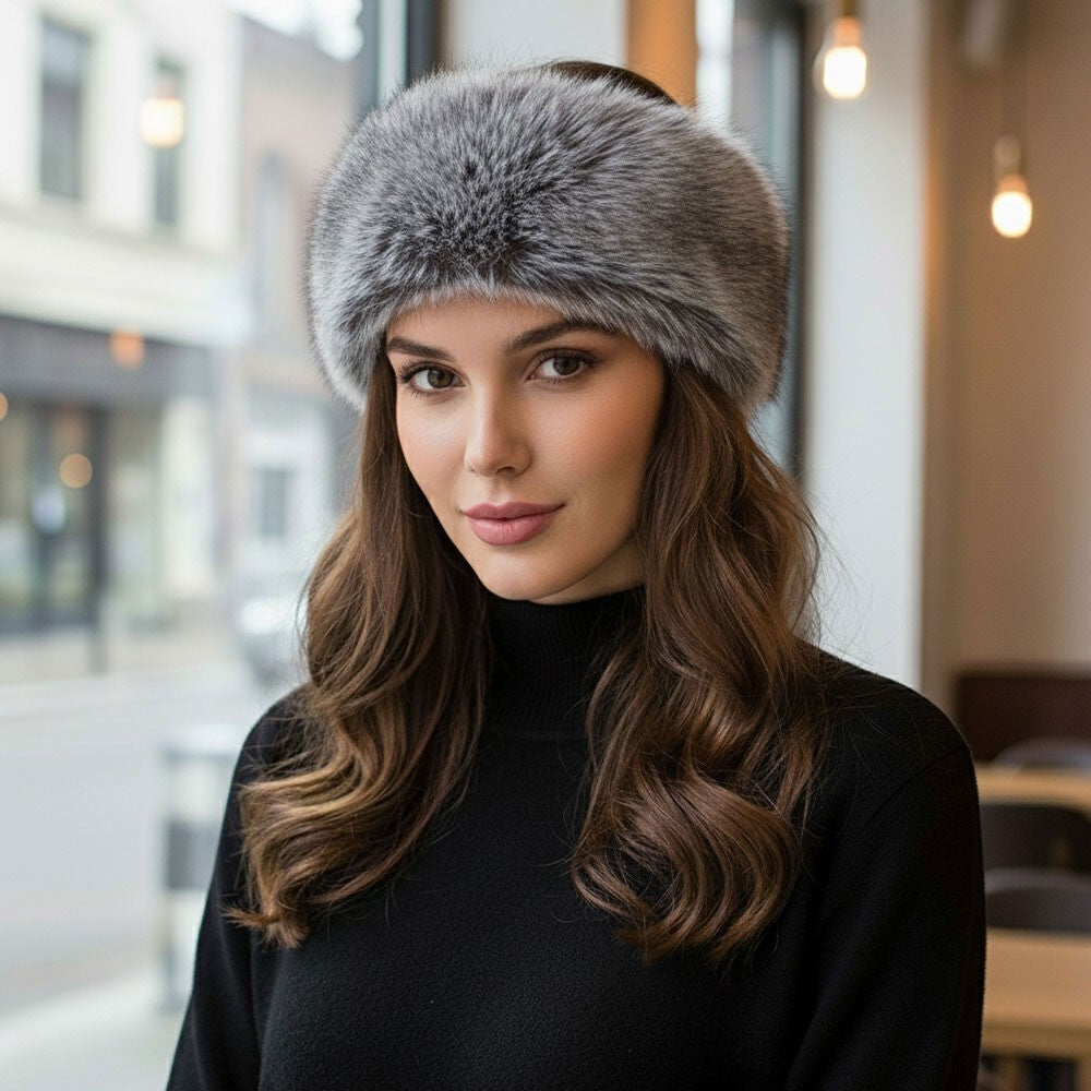 2pcs Faux Fur Headband Set Winter Ear Warmer Stretchy Burgundy Grey