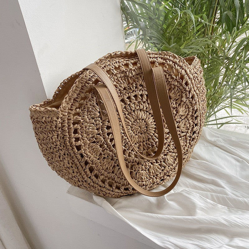 Woven Straw Shoulder Bag for Women Summer Rattan Beach Vacation Tote Brown