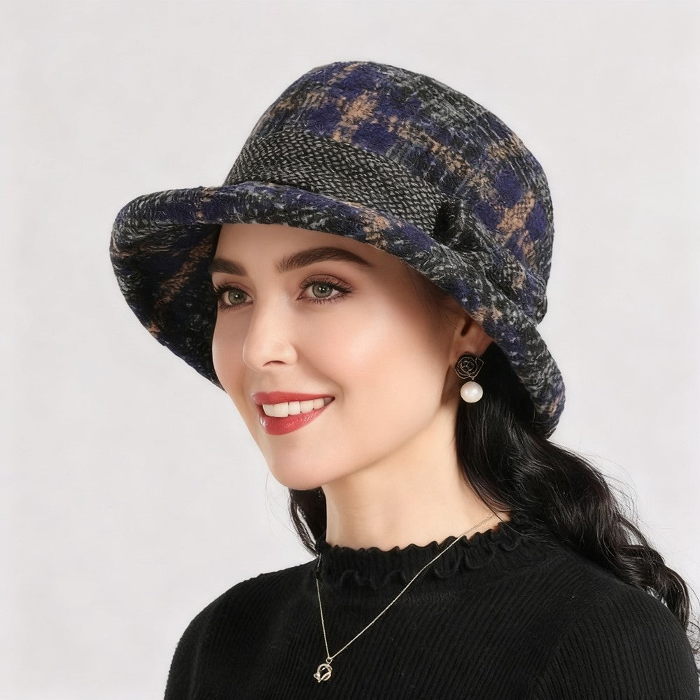 Plaid Cloche Hat Blue Black Tan Bucket Bow Wool Blend Winter Autumn Women