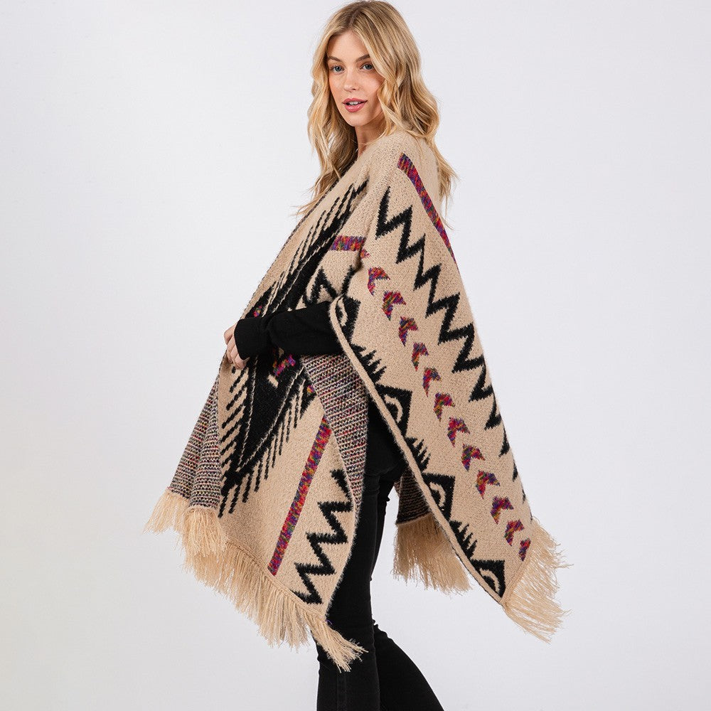 Fuzzy Aztec Pattern Tassel Knit Ruana Poncho Shawl Cape Wrap for Women