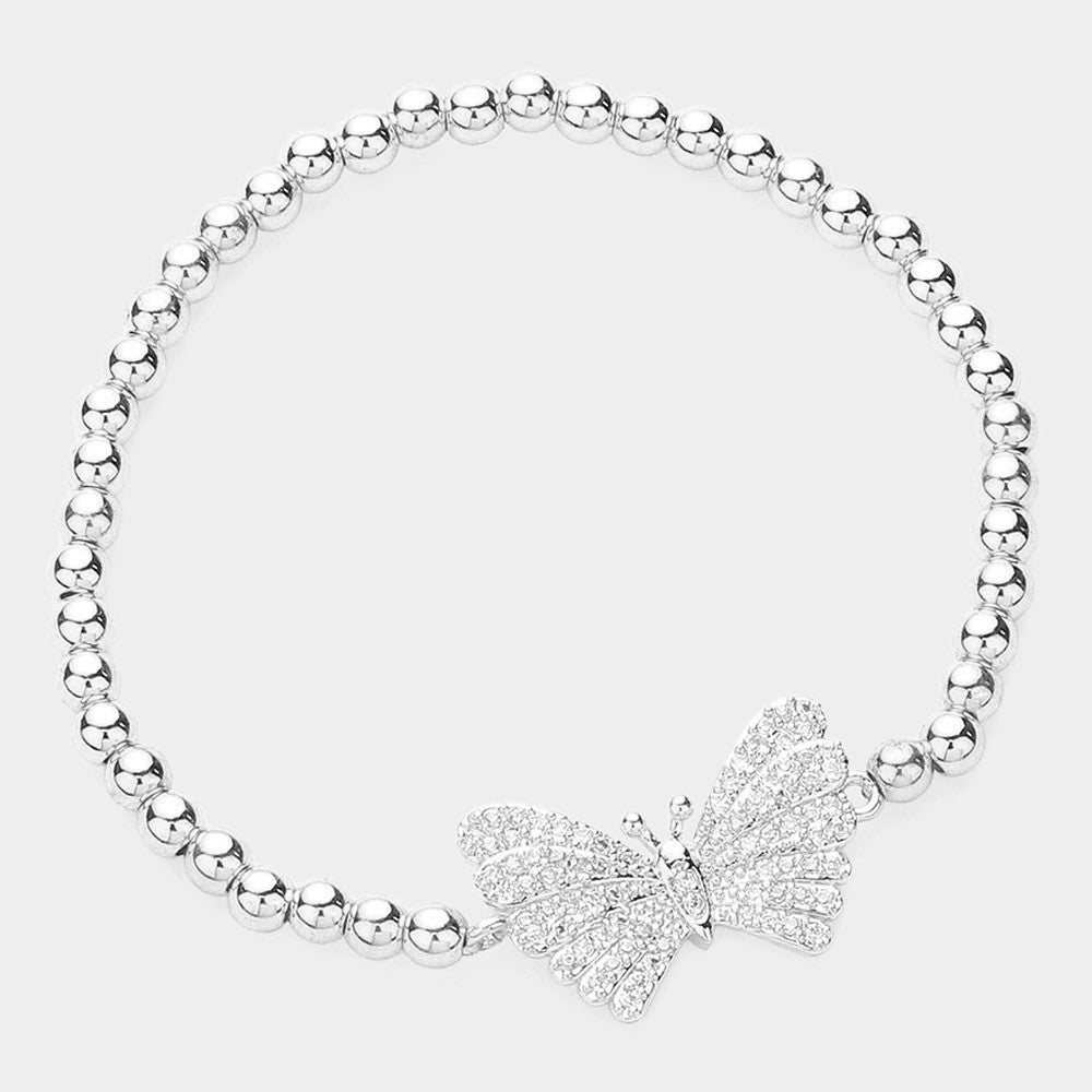 2-Piece Blingy Butterfly CZ Stone Beaded Stretch Bracelet Set – Gold & Silver